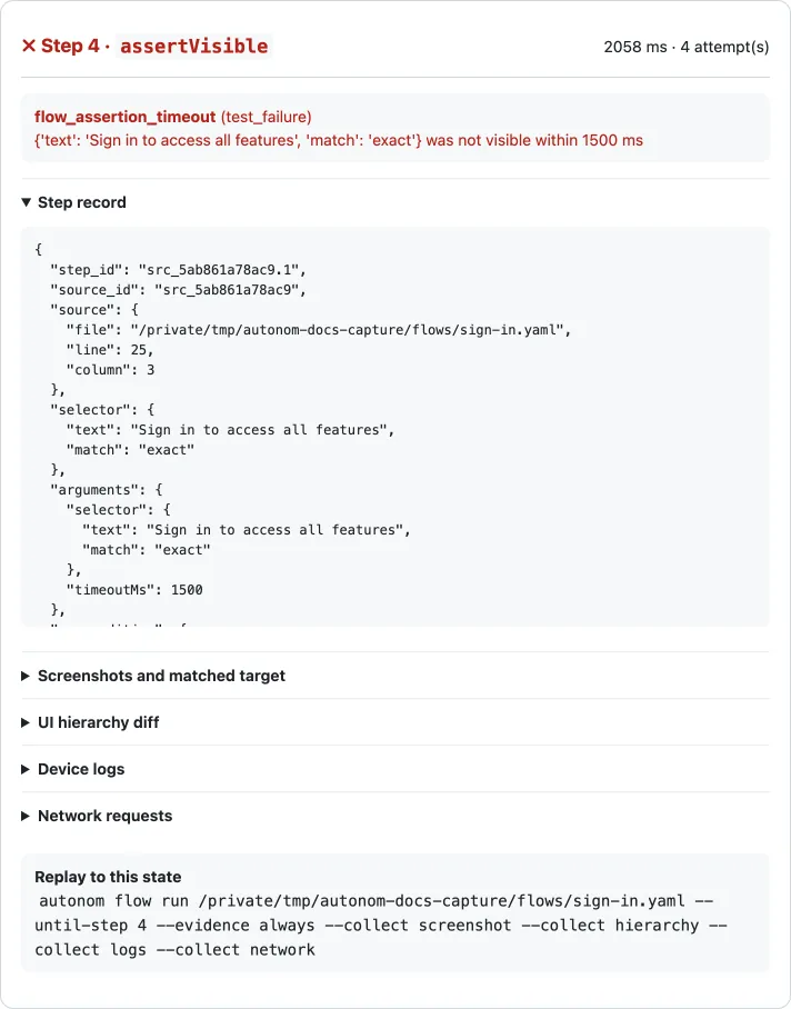The failed step 4 of the report: flow_assertion_timeout with its test_failure class, the step record with the flow file, line and column, folded sections for screenshots, the hierarchy diff, device logs and network requests, and a replay-to-this-state command.